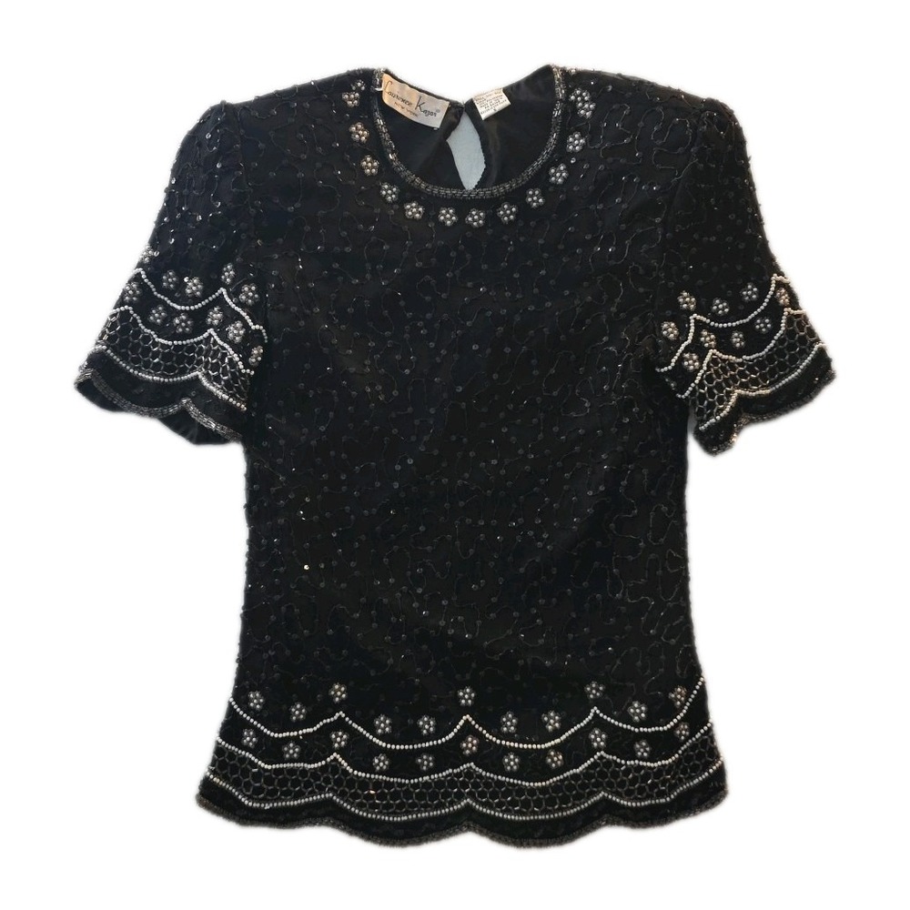 Vintage Black & White Sequin Lawrence Kazar 100% Silk Blouse - Size S